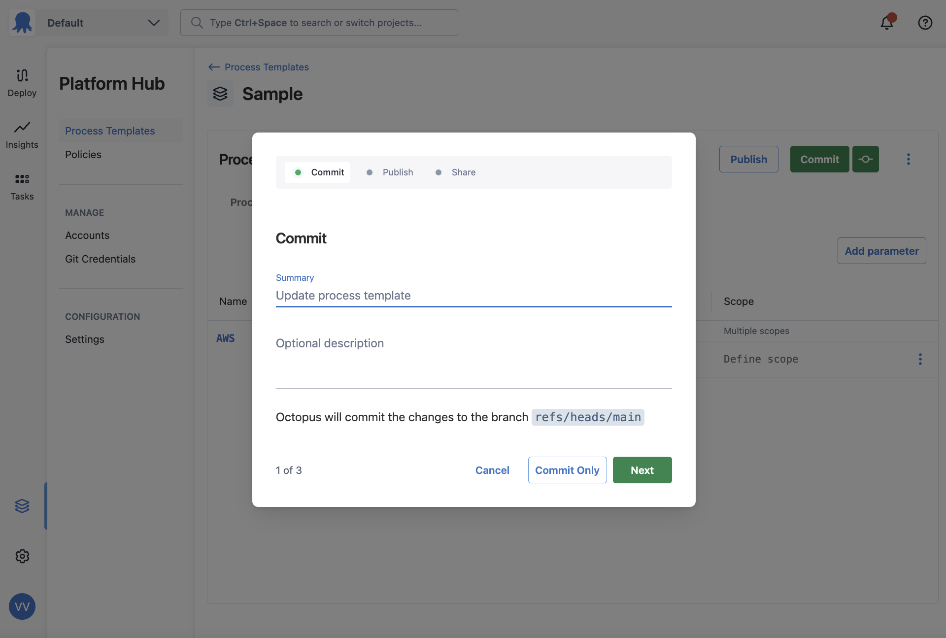 The commit experience for a template